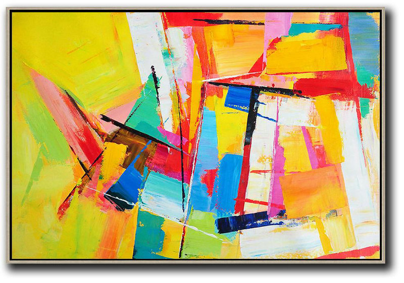 Oversized Canvas Art,Horizontal Palette Knife Contemporary Art,Contemporary Wall Art,Yellow,White,Blue,White,Purple.Etc